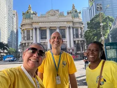 Selfie Rio Free Walking Tour's Tour Guides Leticia, Marcus and Conceicao, in front of the Theatro Municipal (Opera House) at Cinelandia, Rio de Janeiro